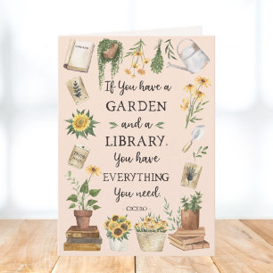 Cartão Citação de jardinagem e biblioteca Girassol e Erva
