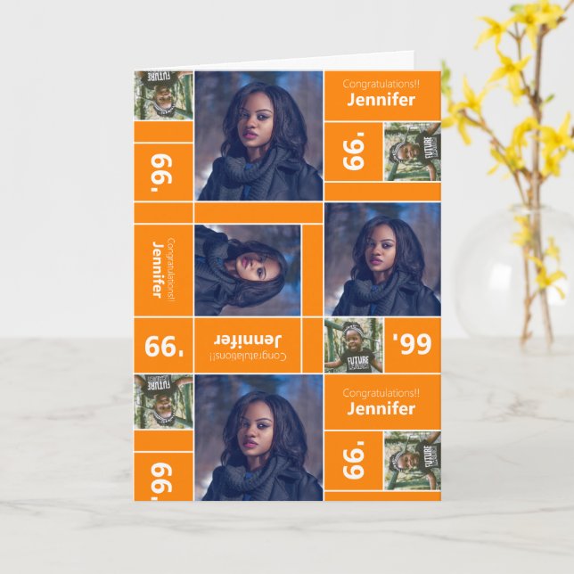 Cartão Classe de Graduação de Foto Quadrada Ano Laranja (Flor Amarela)
