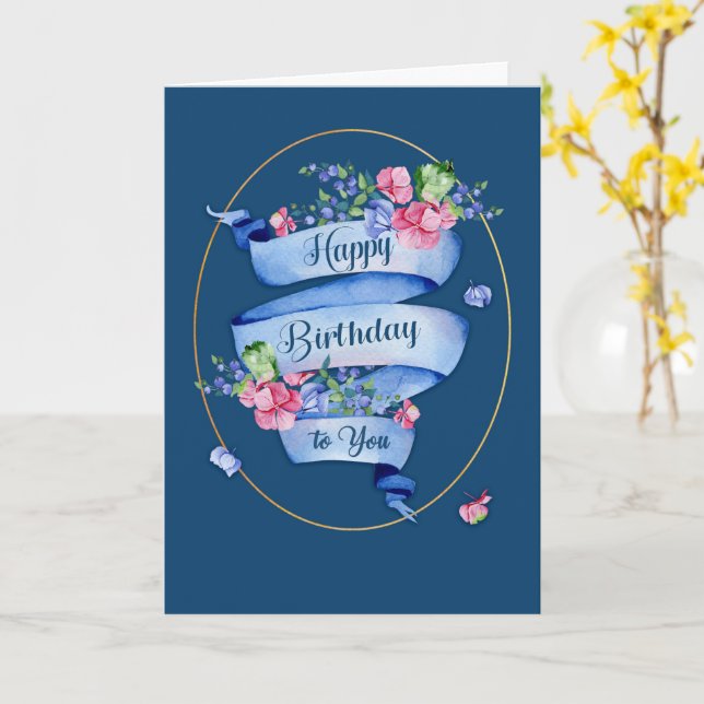 Cartão Classic Blue Birthday Ribbon with Flowers & Frame (Flor Amarela)