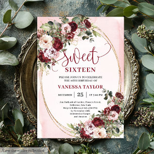 Cartão Clássico de Sweet Sixteen Floral em Burgund