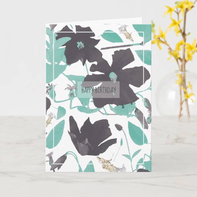 Cartão Clematis Flowers Teal Happy Birthday Card (Flor Amarela)