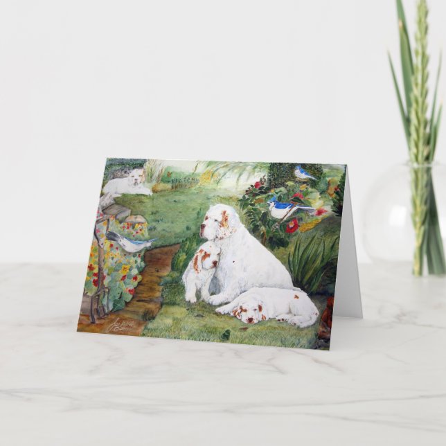 Cartão Clumber Puppies in the Garden Greeting Card (Frente)