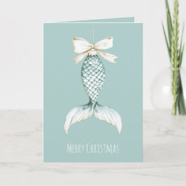 Cartão Coastal Christmas Mermaid Bow Blue Beach Ocean