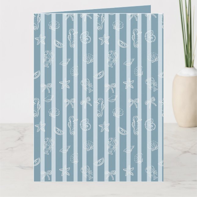 Cartão Coastal Nautical Pattern | Blue Sea Shell & Seahor (Frente)