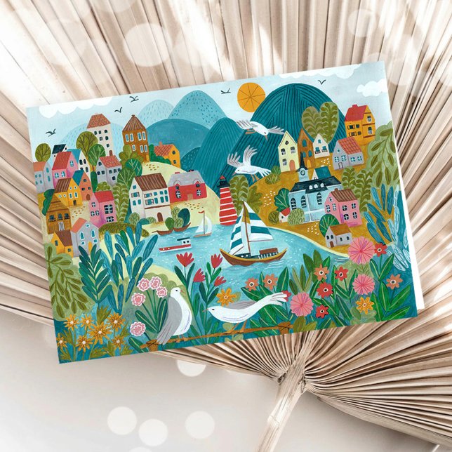 Cartão Coastal Village Harbor Scenic Illustration  (Coastal Village Harbor Scenic Illustration Card)