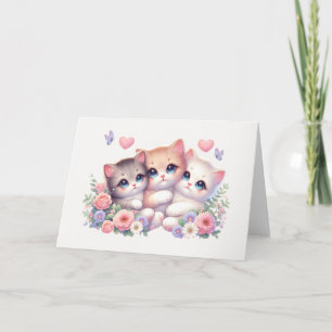 Cartão Cobertor Floral Pastel de Três Gatinhos Caprichoso