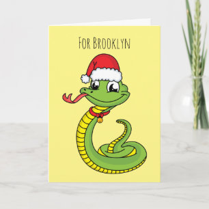 Cartão Cobra verde fofa com chapéu de Papai Noel desenho