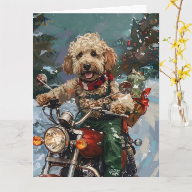 Cartão Cockapoo Cão Andando Moto Natal (Flor Amarela)