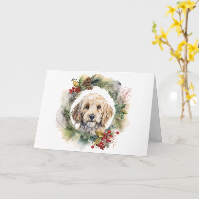 Cartão Cockapoo Coroa de Natal Cão Festivo (Flor Amarela)
