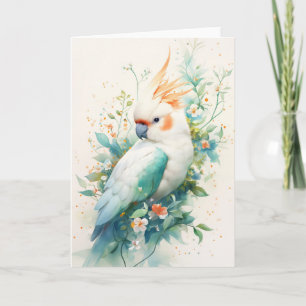 Cartão Cockatoon majestoso em um embraço floral