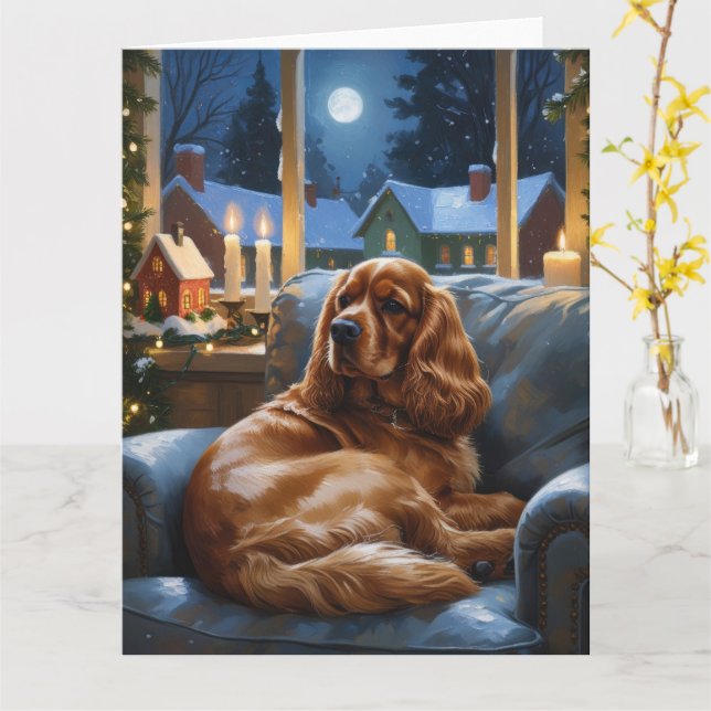 Cartão Cocker Spaniel com Feriado das Luzes de Natal (Flor Amarela)