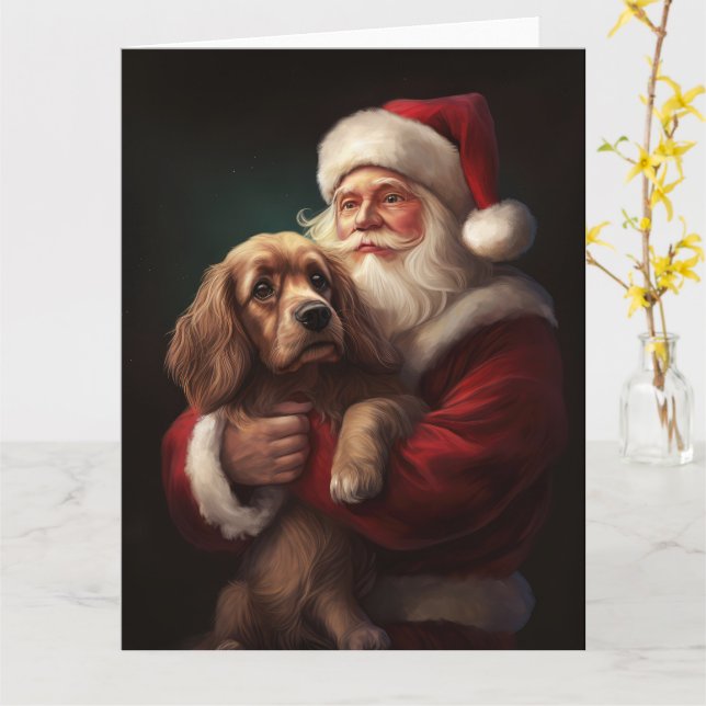 Cartão Cocker Spaniel com Papai Noel Natal Festivo (Flor Amarela)