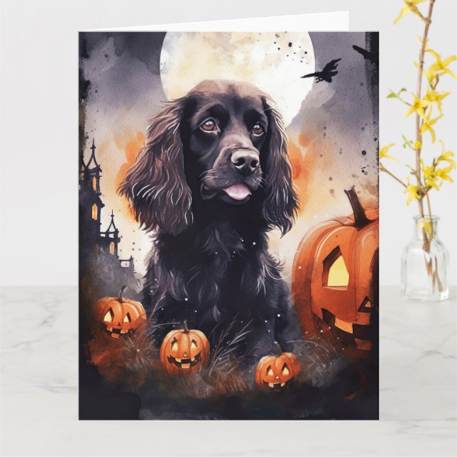 Cartão Cocker Spaniel de Halloween com Abóboras (Flor Amarela)