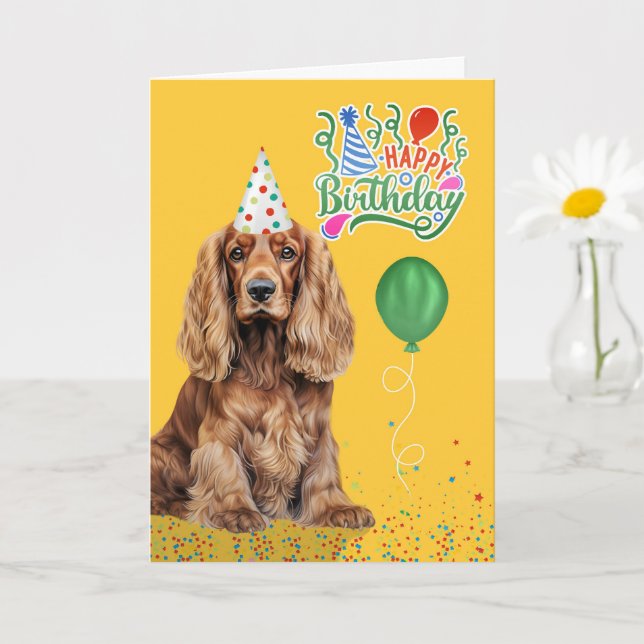 Cartão Cocker Spaniel Dog Party Hat Yellow Birthday (Planta pequena)