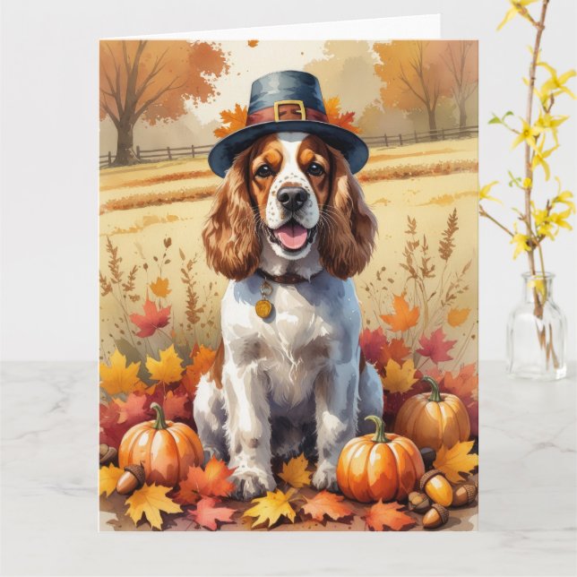 Cartão Cocker Spaniel Em Folhas de Outono Arte de Ação de (Flor Amarela)