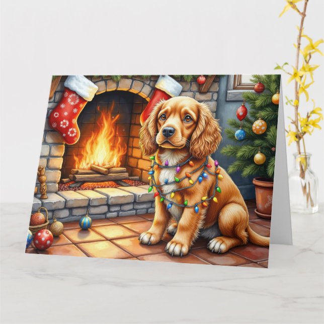 Cartão Cocker Spaniel junto à Lareira com Luzes de Natal (Flor Amarela)