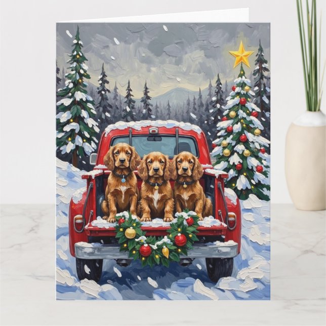 Cartão Cocker Spaniel Natal Caminhão Vermelho Férias (Frente)