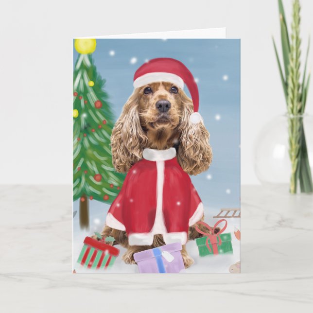 Cartão Cocker Spaniel no Neve com Presentes de Natal (Frente)