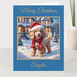 Cartão Cocker Spaniel Puppy tocando na neve