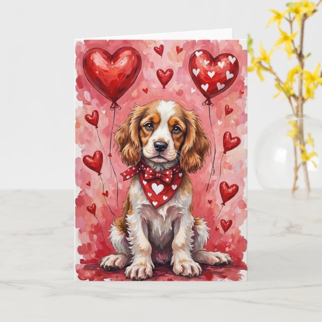 Cartão Cocker Spaniel Valentine’s Day Dog with Hearts Red (Flor Amarela)