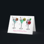 Cartão Cocktails Happy Birthday<br><div class="desc">Pretty illustration of pastel coloured cocktail drinks with bubbles and swizzel sticks, slices of oranges and lemons and ice cubes. Text reads 'Happy Birthday Name'. Easily personalise this card by editing the template text. Thanks for viewing my designs. Cheers!</div>