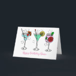 Cartão Cocktails Happy Birthday<br><div class="desc">Pretty illustration of pastel coloured cocktail drinks with bubbles and swizzel sticks,  slices of oranges and lemons and ice cubes.  Text reads 'Happy Birthday Name'.  Easily personalise this card by editing the template text.  Thanks for viewing my designs.  Cheers!</div>