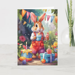 Cartão Coelhinho bonito com bolo, no jardim de uma festa
