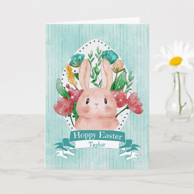 Cartão Coelhinho da Páscoa Alegre com Flores (Planta pequena)