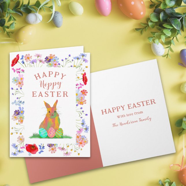 Cartão Coelhinho da Páscoa e Ovos Floral (Personalized happy hoppy Easter cute bunny watercolor colorful spring floral folded greetings card)