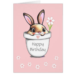 Cartão Coelhinho de Aniversário Fofo & Flores em Rosa Cla