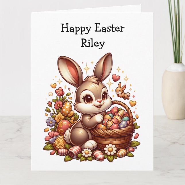 Cartão Coelhinho de Páscoa, Cesto e Ovos de Grande Cute (Frente)