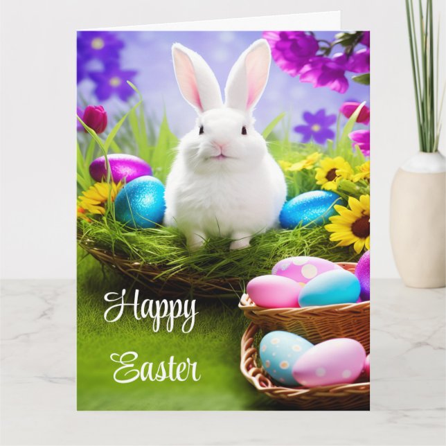 Cartão Coelhinho De Páscoa Com Cesta De Ovo De Páscoa (Frente)