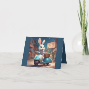 Cartão Coelhinho Feliz de Primavera em uma Lambreta