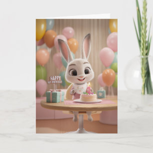 Cartão Coelhinho Fofinho c/ Bolo e Balões 1º Aniversário
