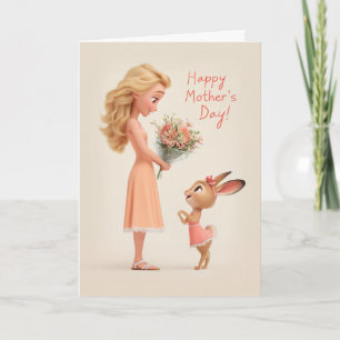 Cartão Coelhinho Fofo Dando Flores do Dia das Mães para M