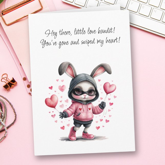 Cartão Coelhinho Rosa Adorável Rouba Dia de os namorados  (Adorable Pink Bunny Steals Heart Valentine's Day Card)