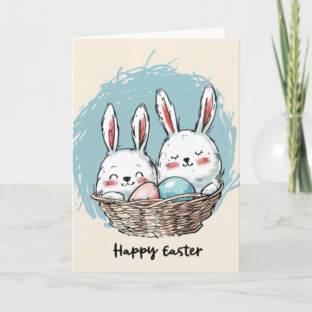 Cartão Coelhinhos bonitos em uma placa de Páscoa de soque (Frente)