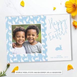 Cartão Coelhinhos Brancos em Azul com Foto Personalizada