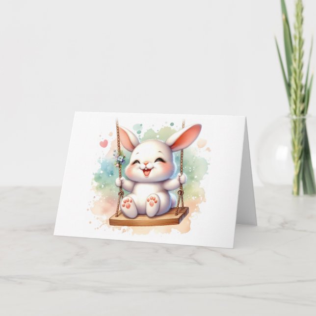 Cartão Coelho Bunny Aquarela Caprichosa no Balanço Branco (Frente)