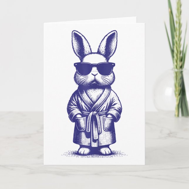 Cartão Coelho Com Robe E Óculos De Sol Azul Páscoa Retro  (Frente)