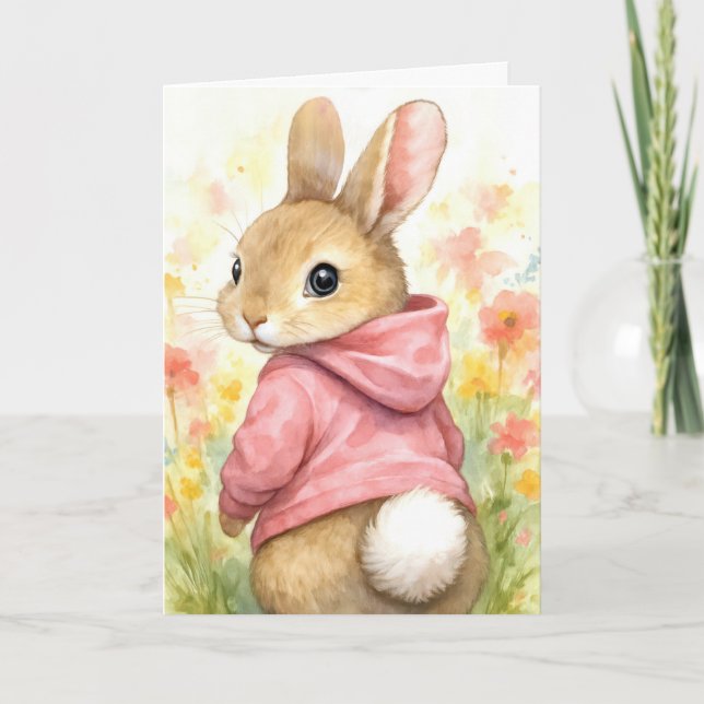 Cartão Coelho de Aniversário com Capuz Rosa  (Frente)