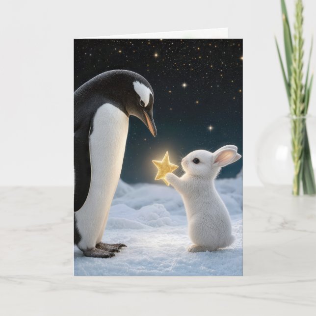 Cartão Coelho de Natal e Pinguim com Estrela de Neon (Frente)