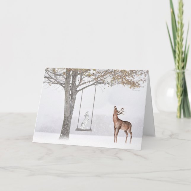 Cartão Coelho de Natal na árvore balançando no inverno  (Frente)