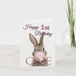 Cartão Coelho de Primeiro Aniversário Sopra Chiclete Rosa