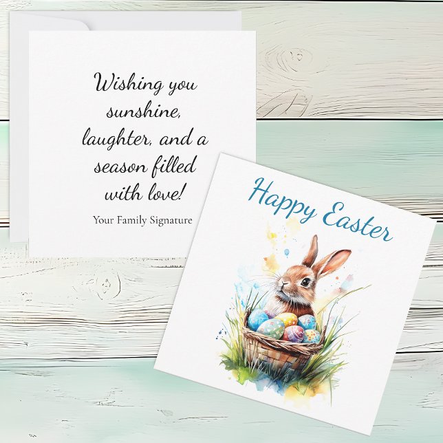 Cartão Coelho em Aquarela & Cesta de Páscoa  (Bunny with Easter Basket Square Flat Greeting Card)
