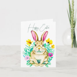 Cartão Coelho em aquarela e flores da primavera personali