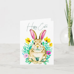 Cartão Coelho em aquarela e flores da primavera personali