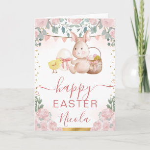 Cartão Coelho em Aquarela e Flores Feliz Páscoa