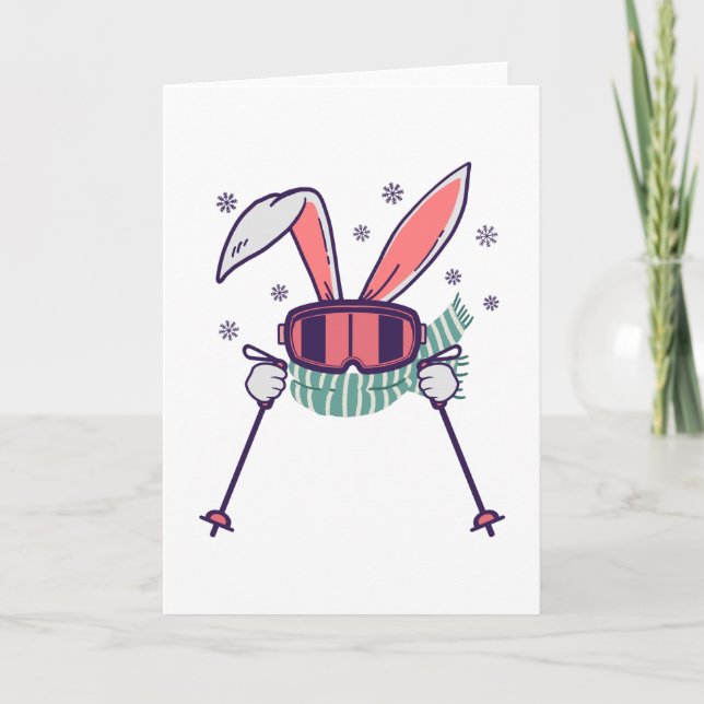 Cartão Coelho esquiando com bastões de esqui óculos de es (Frente)