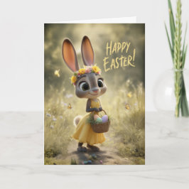 Cartão Coelho Fofo em Amarelo com Cesta do Happy Easter